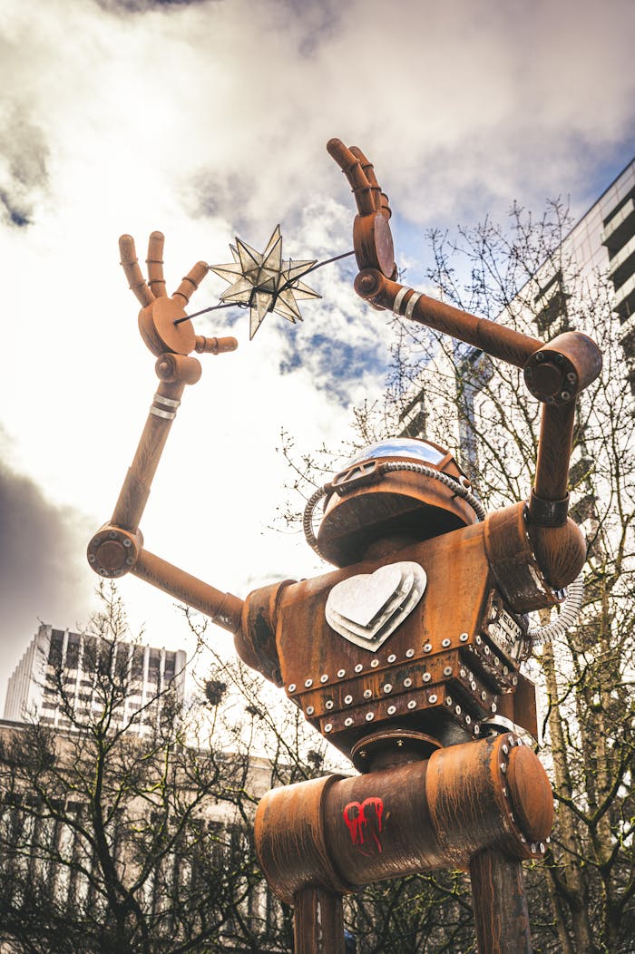 A rustic robot sculpture with a heart design reaches for a star in an urban setting.